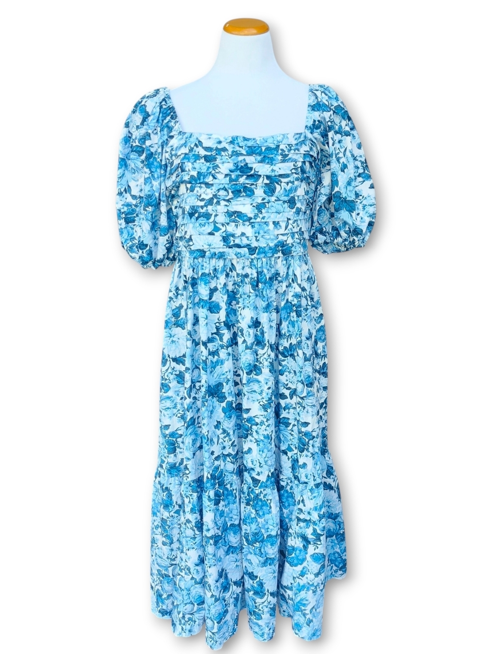 Abercrombie & Fitch Emerson Blue Floral Poplin Puff Sleeve Midi Dress Size LT - Picture 3 of 10